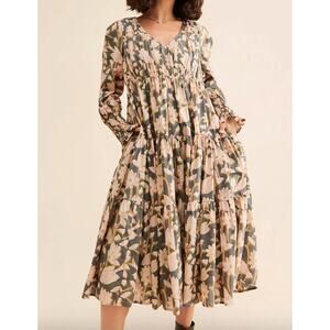 Anthropologie Let Me Be Waistless Floral Dress Midi Long Sleeve Grey Pink XS